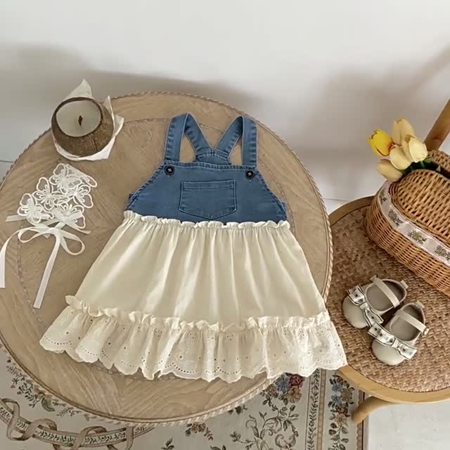 リメイクデニム　フリルたっぷりサロペットワンピ BABY】デニムフリル刺繍 サロペットワンピース | Skyhug